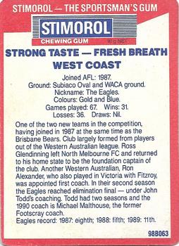 1990 AFL Scanlens Stimorol #121 West Coast Eagles Back